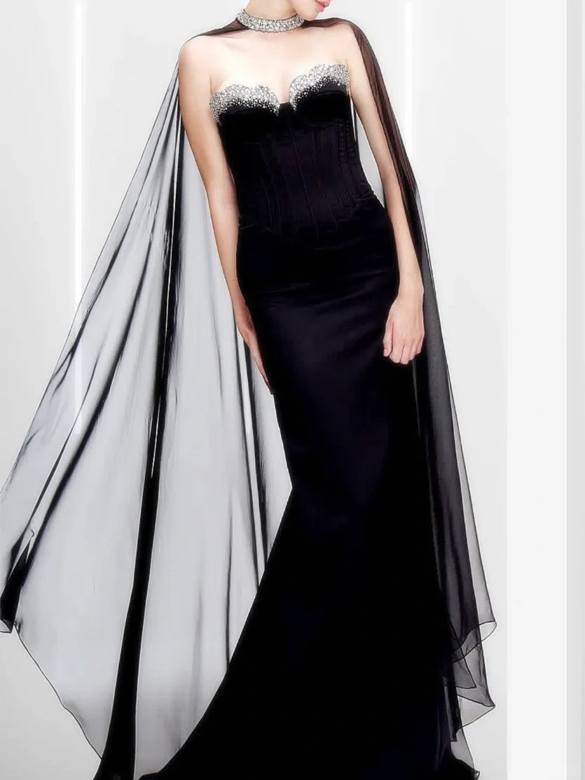 Elegant Black Mermaid Strapless Beaded Satin Long Evening Dress Prom Dress DP4510