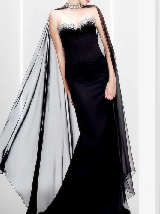 Elegant Black Mermaid Strapless Beaded Satin Long Evening Dress Prom Dress DP4510