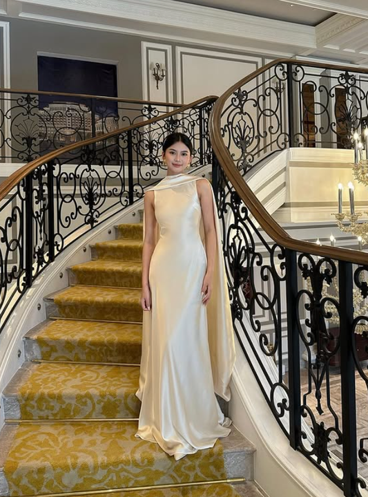 Gentle Ivory A Line Round Neck Beaded Satin Long Prom Dress 16th Birthday Dress DP3970