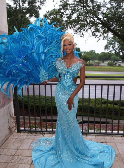 Chic Mermaid Strapless Shiny Beaded Sequin Tulle Long Sweep Prom Dress DP5053