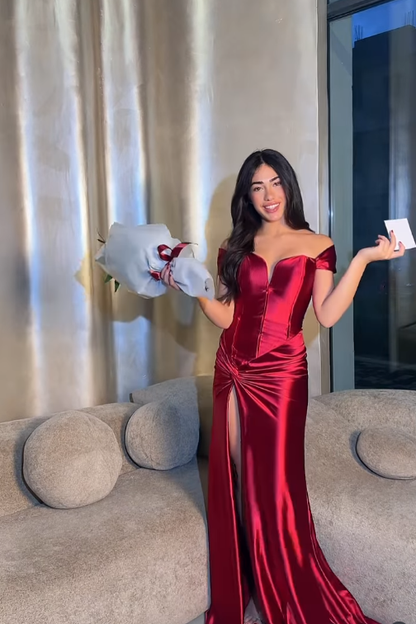 Burgundy A Line Off the Shoulder Satin Long Prom Dress Party Dress with Slit DP4111