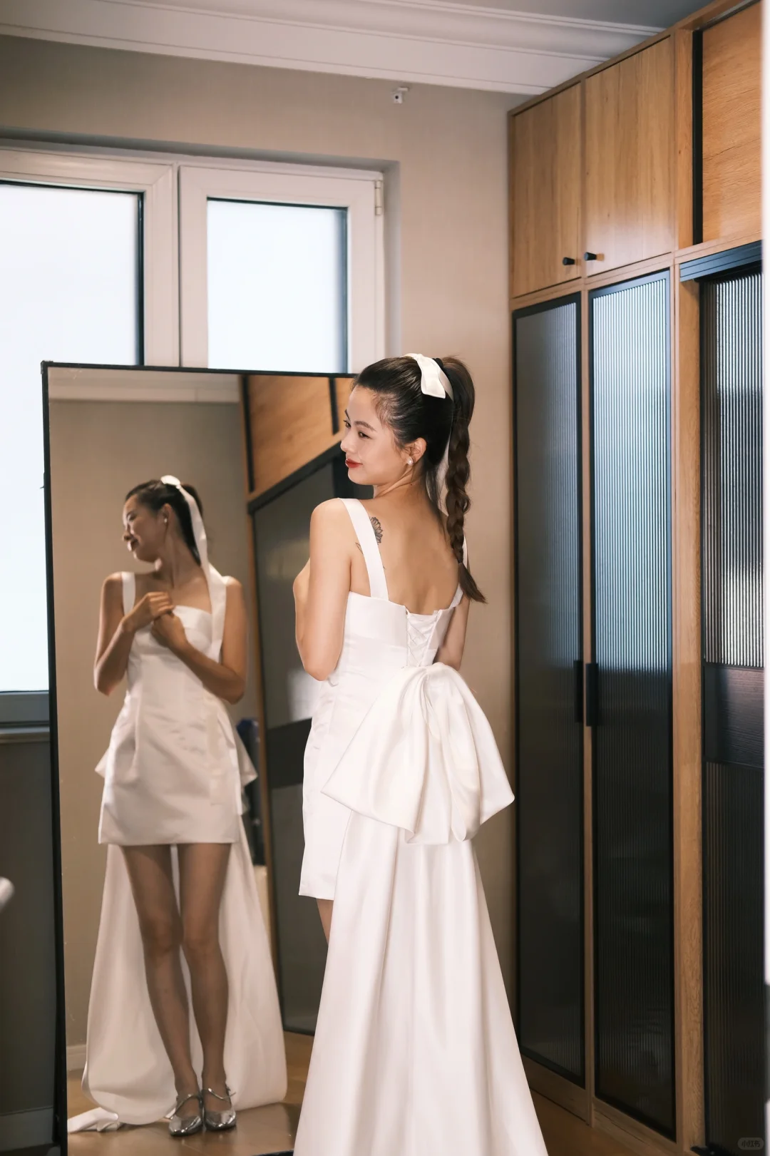 Simple A Line Strap White Satin Homecoming Dress Birthday Dress with Bow DP2696