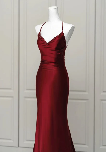 Burgundy Satin Mermaid Beaded Low Back Prom Dress Evening Dress DP380