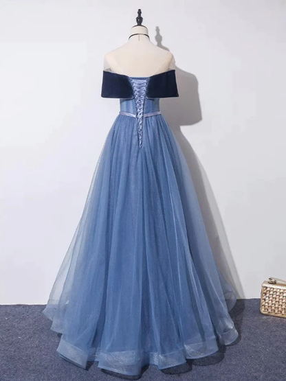 Off Shoulder Tulle Gray Blue Long Prom Dress Formal Evening Dress DP198