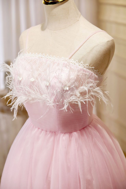 Cute Pink Tulle Feathers Homecoming Dress Straps Short Prom Dress DP559