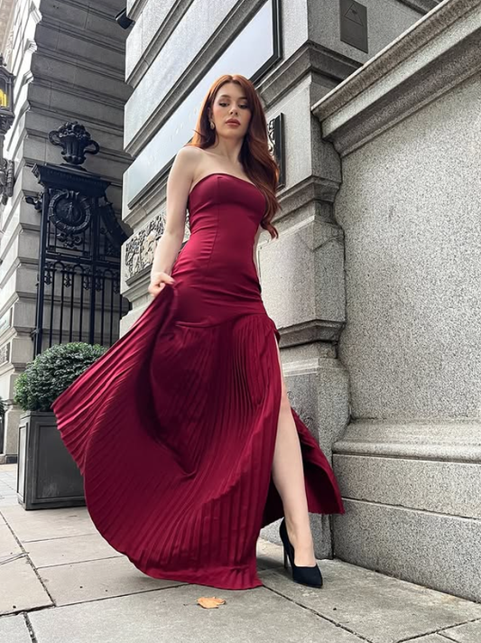 Burgundy Elegant Mermaid Strapless Pleated Satin Prom Dress Wedding Guest Dress with Slit DP4287