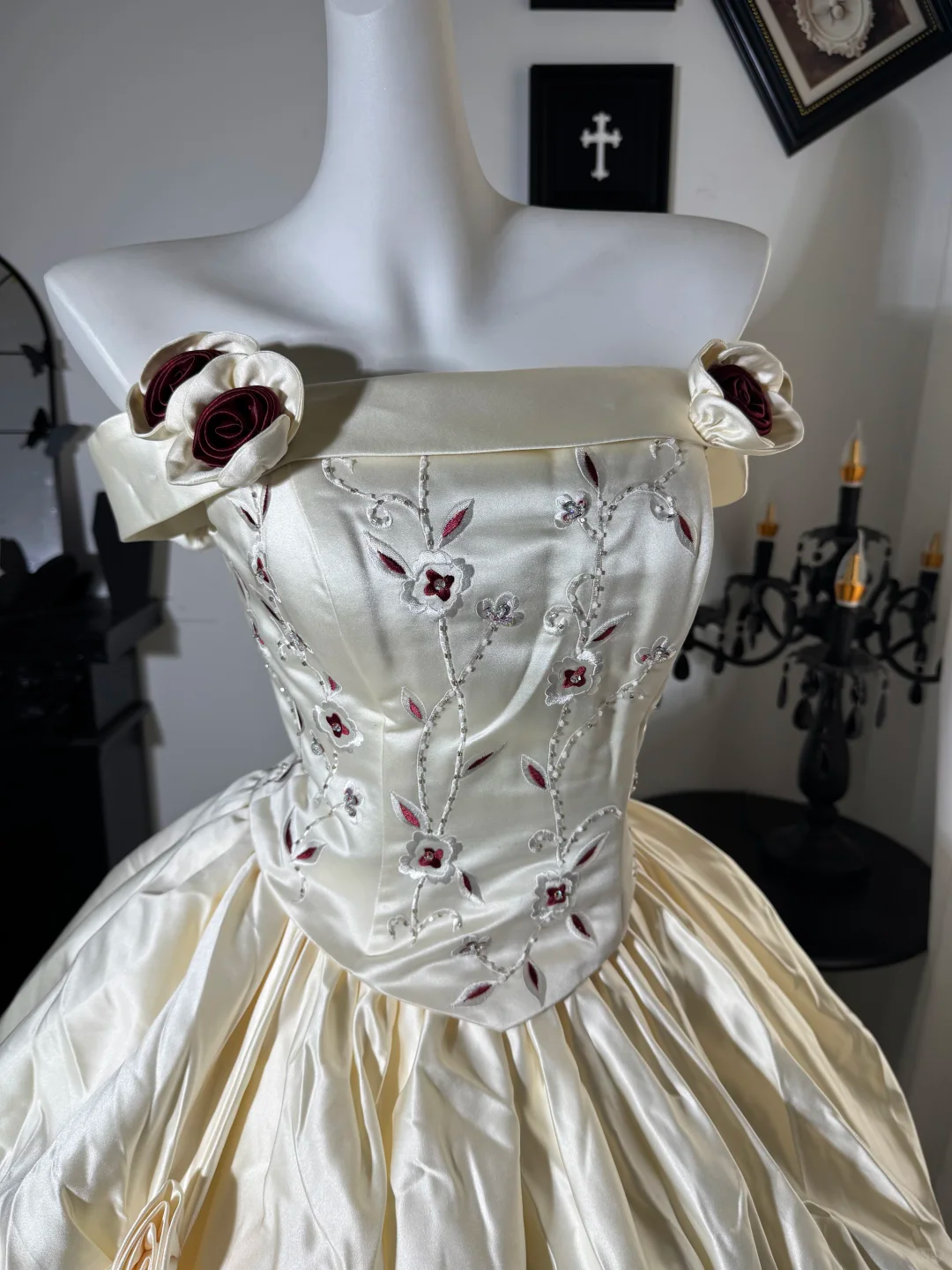 Vintage A Line Off the Shoulder 3D Floral Satin Prom Dress Evening Dress DP6984