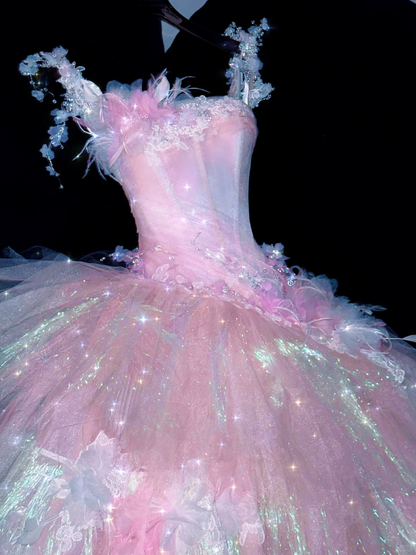 Dreamy A Line Straps Beaded Layered Flower Pink Tulle Prom Dress Party Dress DP2558