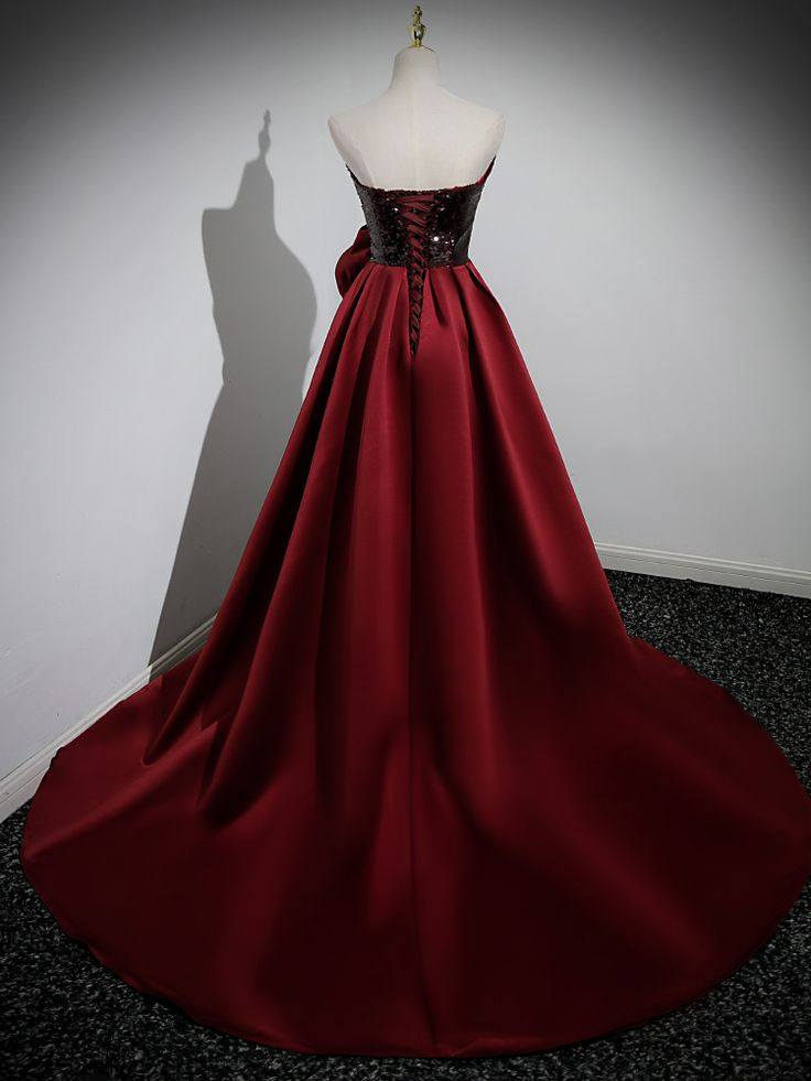 Beautiful Black Sequin Burgundy Satin Flower Prom Dress Mermaid Evening Dress DP113