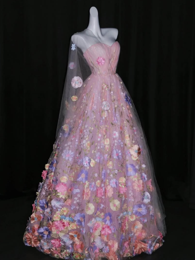 Sweety Ball Gown Sweetheart Neck Pink Embroidery Tulle Prom Dress Quinceanera Dress DP6609