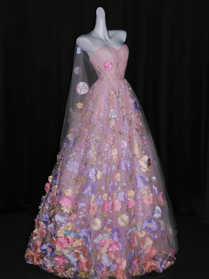 Sweety Ball Gown Sweetheart Neck Pink Embroidery Tulle Prom Dress Quinceanera Dress DP6609