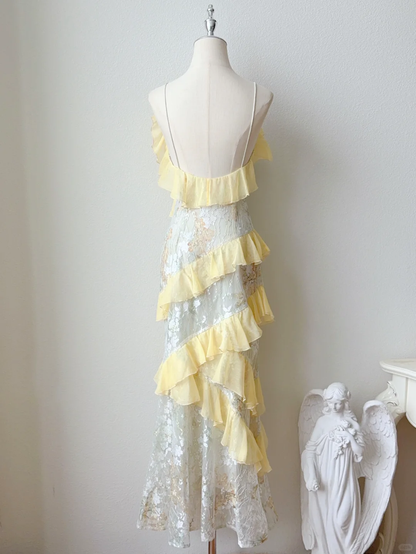 Gentle Mermaid Spaghetti Strap Yellow Chiffon Print Floral Tulle Party Dress  DP2589