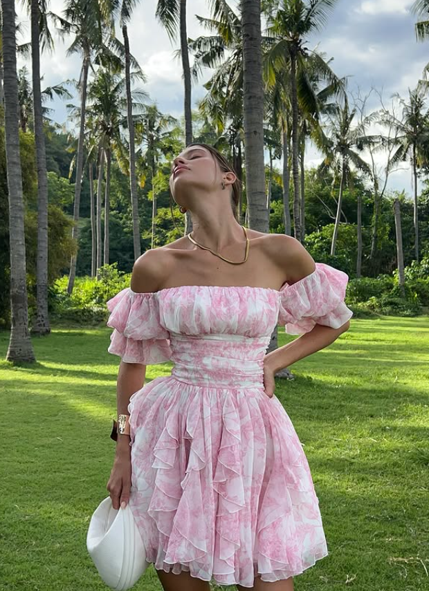Sweety Pink A Line Off the Shoulder Print Chiffon Short Homecoming Dress Outfits DP5998
