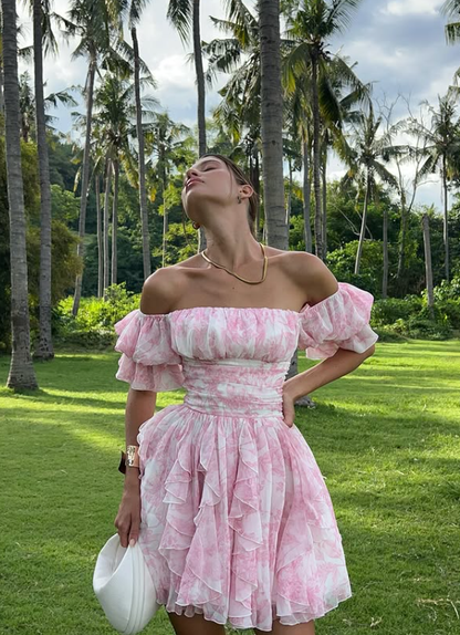 Sweety Pink A Line Off the Shoulder Print Chiffon Short Homecoming Dress Outfits DP5998