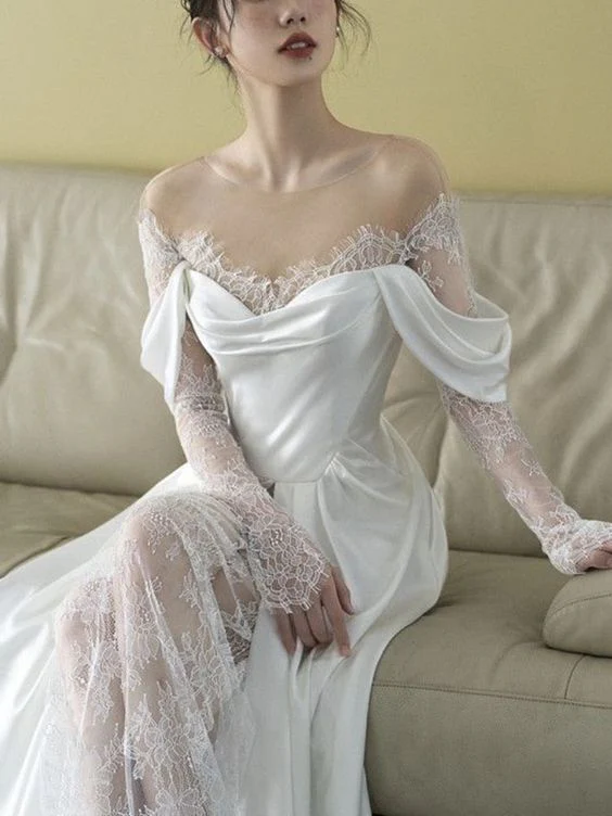 Charming White Lace Satin Long Prom Dress Wedding Dress,Slit Evening Dress DP728