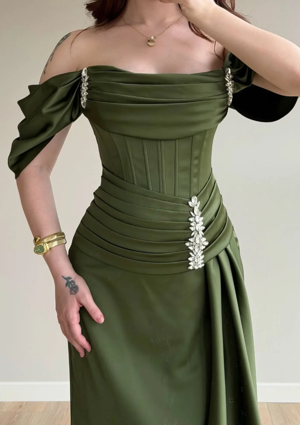 Elegant Olive Green A Line Off the Shoulder Satin Prom Dress Date Dress DP5089