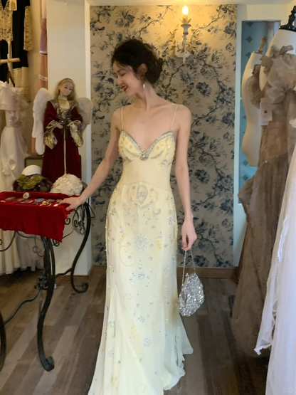 Vintage Light Yellow Spaghetti Strap Exquisite Rhinestone Chiffon Prom Dress 22th Birthday Dress DP3930