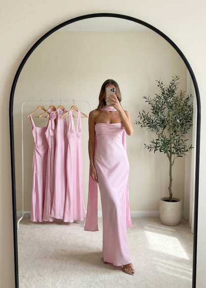 Sweety Light Pink Sheath Strapless Pleated Satin Long Bridesmaid Dress DP5098