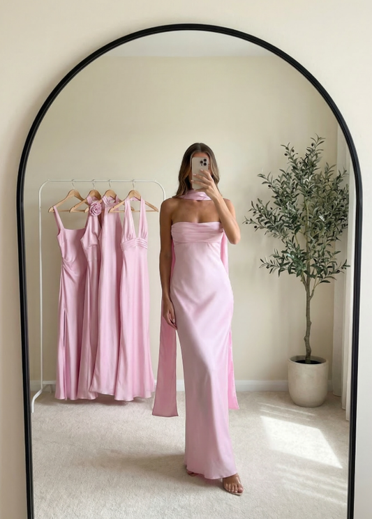 Sweety Light Pink Sheath Strapless Pleated Satin Long Bridesmaid Dress DP5098