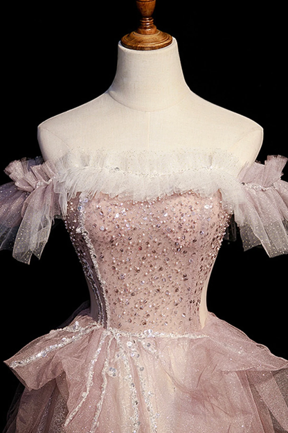 Pink Tulle Beaded Long A-Line Prom Dress Off the Shoulder Evening Party Dress DP344