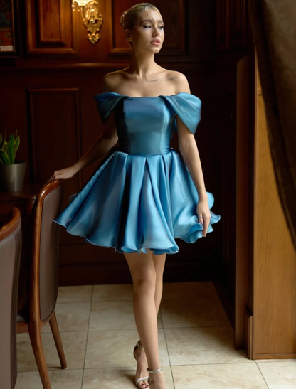 Blue A Line Off the Shoulder Satin Short Prom Dress Homecoming Dress Outfits DP4229