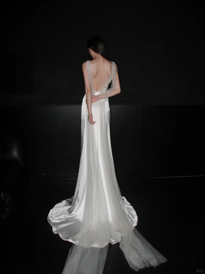 Romantic A Line V Neck 3D Floral Satin Tulle Long Wedding Dress DP5793