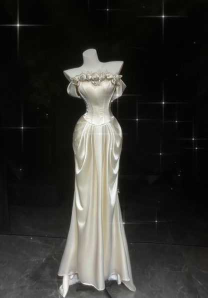Gentle Ivory Mermaid Off the Shoulder Rose Satin Prom Dress Wedding Dress DP6627