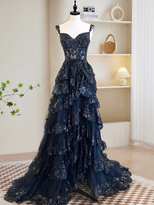 Shiny Tulle Sequin Navy Blue Layered Long Prom Dress Evening Dress DP038