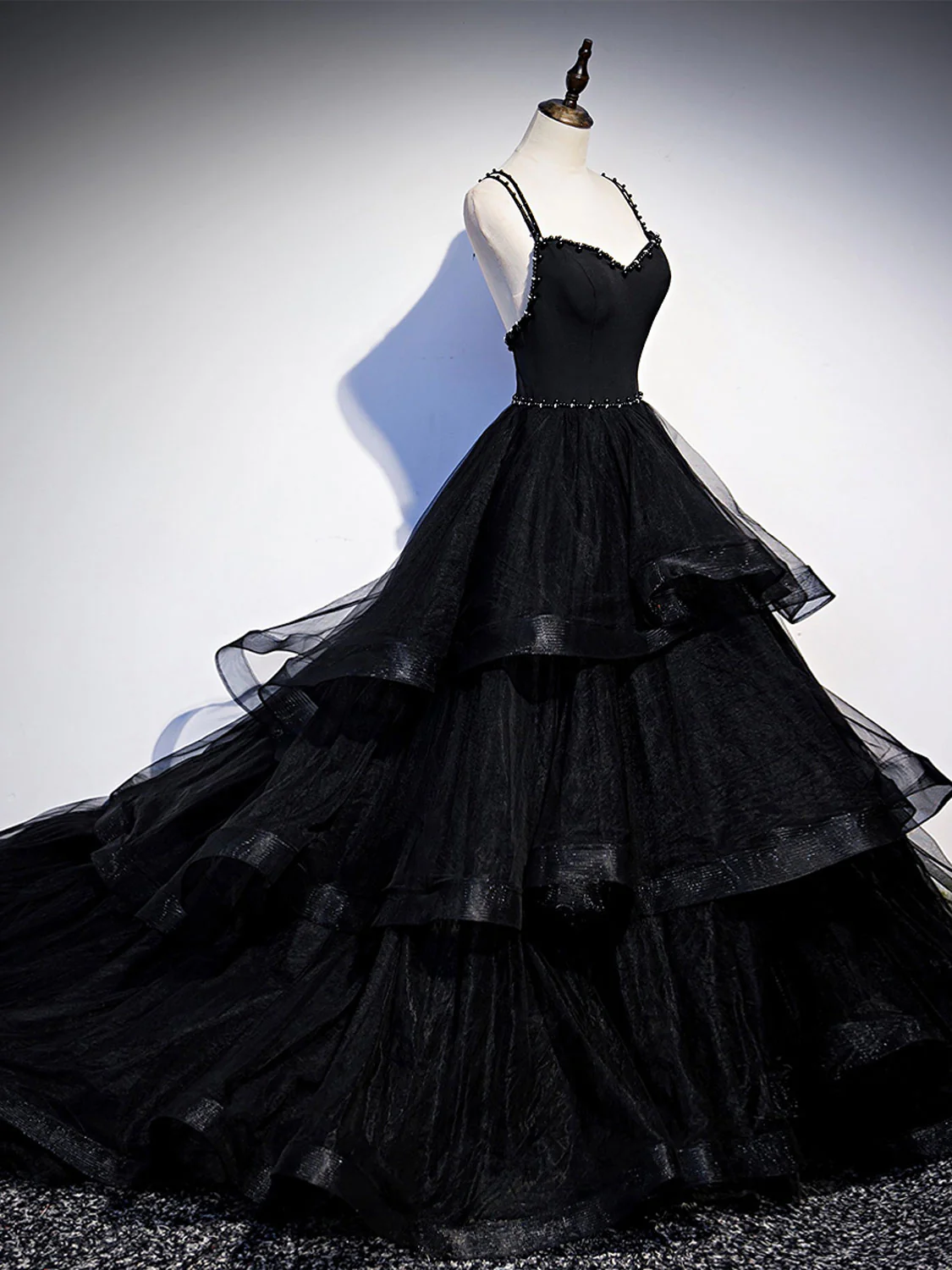 Black V Neck Tulle Beading Long Prom Dress Wedding Dress DP063