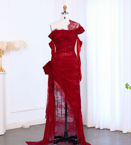 Sexy A Line Long Sleeve Burgundy Lace Prom Dress Evening Dress with Slit DP1914