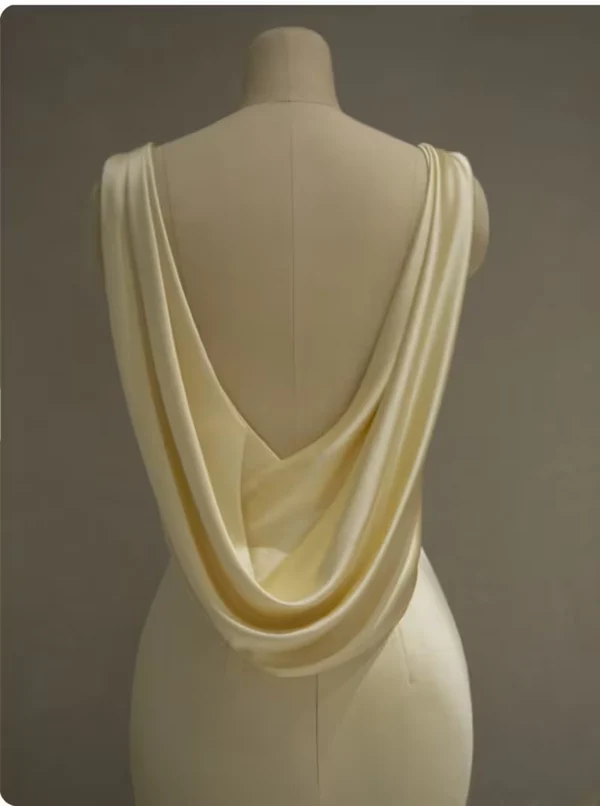 Pastel Yellow Satin Backless Mermaid Long Prom Dress DP143