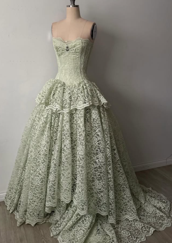 Vintage Light Green A Line Sweetheart Neck Lace Long Prom Dress Evening Dress DP7887