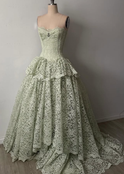 Vintage Light Green A Line Sweetheart Neck Lace Long Prom Dress Evening Dress DP7887