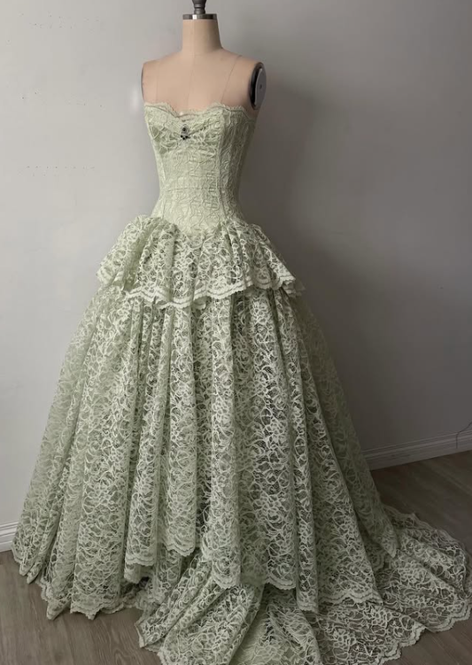 Vintage Light Green A Line Sweetheart Neck Lace Long Prom Dress Evening Dress DP7887