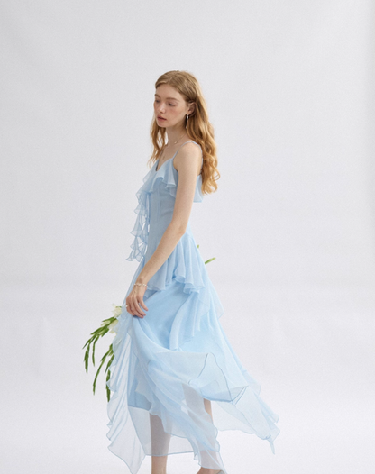 Gentle Baby Blue A Line Spaghetti Strap Ruffle Chiffon Prom Dress Vacation Dress Outfits DP3652