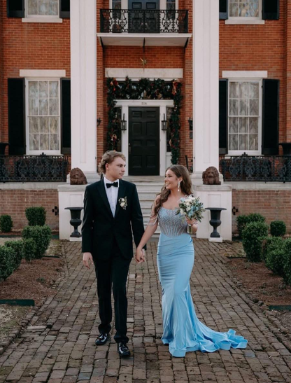 Glamorous Mermaid Off the Shoulder Beaded Blue Satin Long Prom Dress Evening Dress DP6278