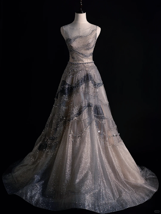 Gorgeous A Line Round Sequin Beaded Grey Tulle Long Prom Dress Party Dress DP2516