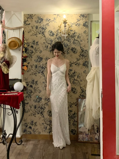 Gentle Sheath Spaghetti Strap Beaded White Chiffon Prom Dress Party Dress DP3711