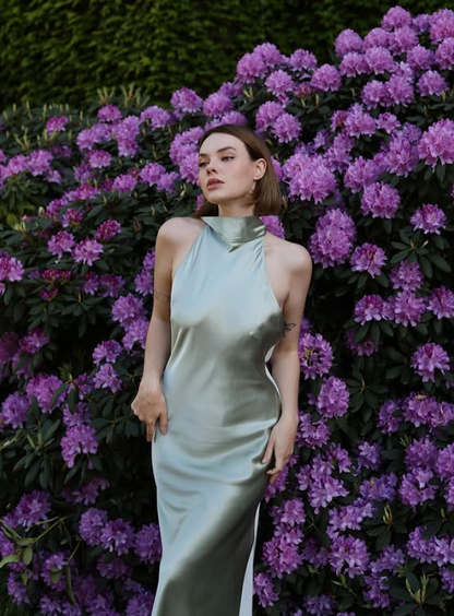 Sage Green A Line Halter Satin Open Back Prom Dress Evening Dress DP5405