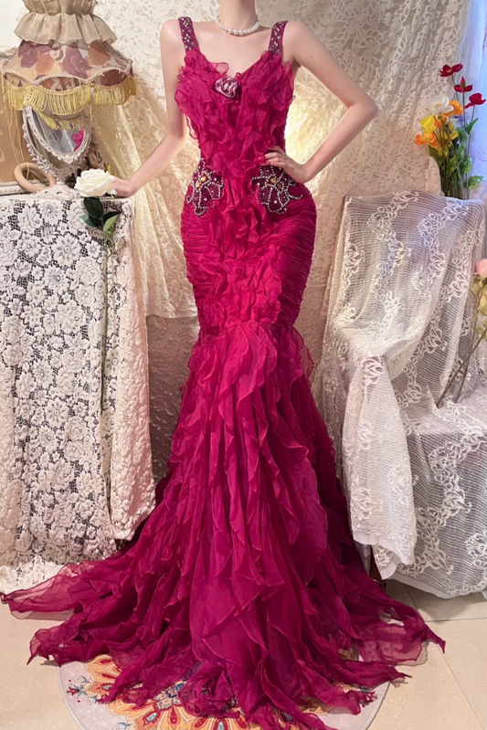 Hot Pink Mermaid Straps Beaded Ruffle Organza Long Prom Dress Date Dress DP4272