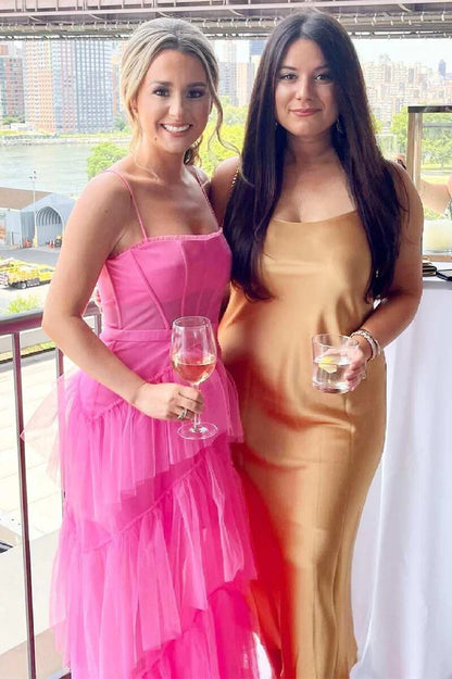 Hot Pink A Line Spaghetti Straps Tiered Tulle Long Prom Dress Evening Dress DP1166