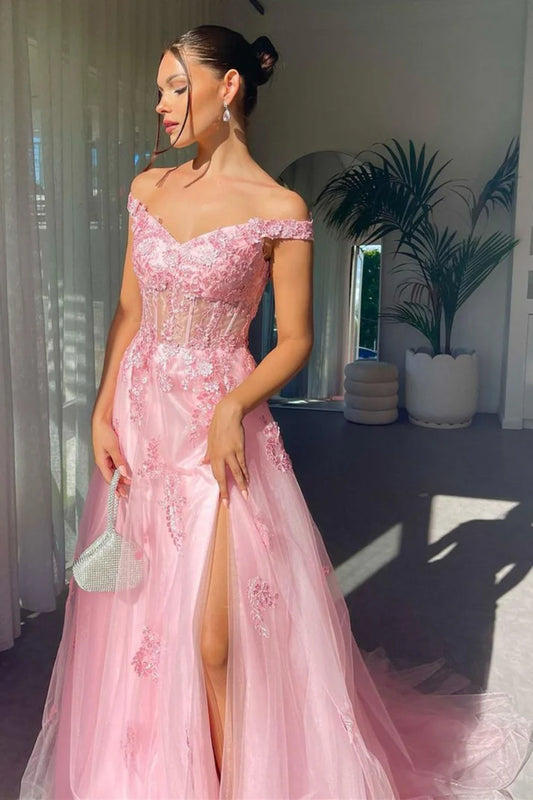 Charming A Line Off The Shoulder Tulle Long Prom Dress With Appliques DP776