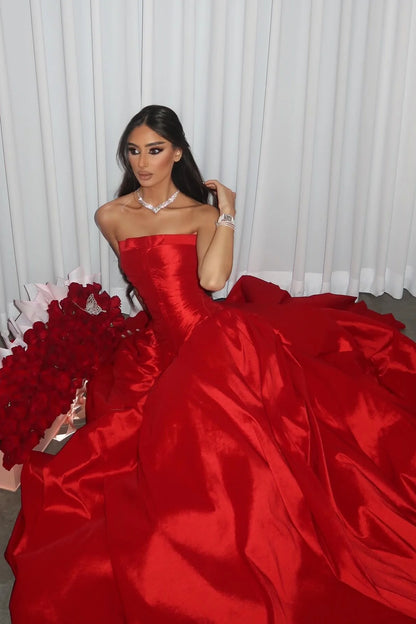 Princess A Line Strapless Red Long Party Dress Prom Dress with Ruffles DP7734