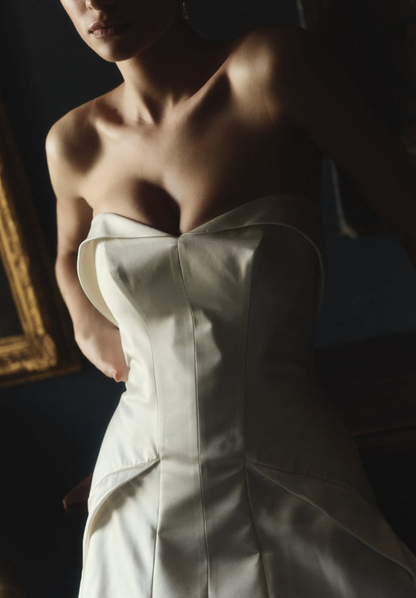 High-class A Line Sweetheart Neck White Satin Long Train Wedding Dress DP5823