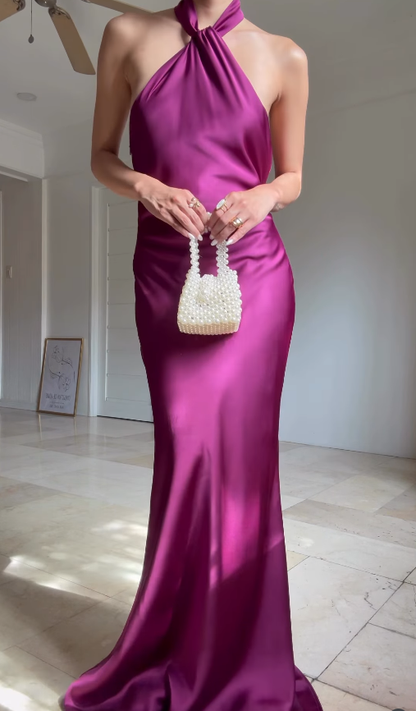 Simple Sheath Halter Navy Blue Satin Open Back Graduation Prom Dress DP4875