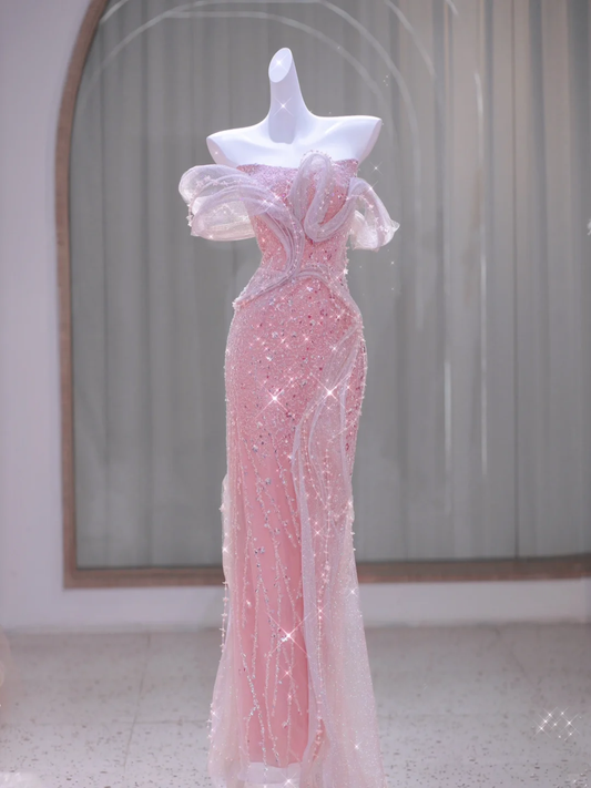 Gorgeous Sheath Off the Shoulder Sequin Beaded Tulle Long Prom Dress Evening Dress DP2728