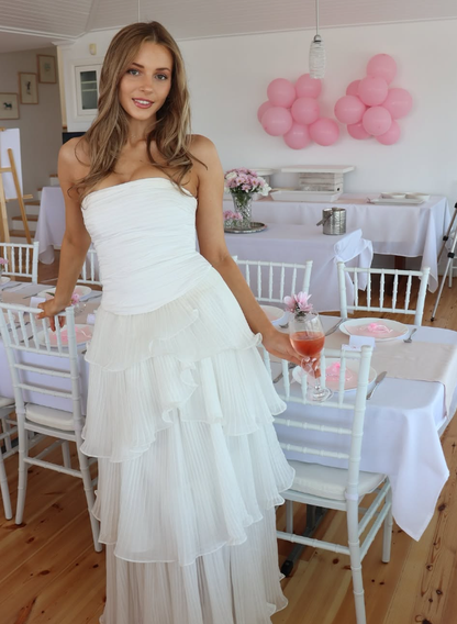 Gentle A Line Strapless Tiered White Chiffon Prom Dress Evening Dress DP2007
