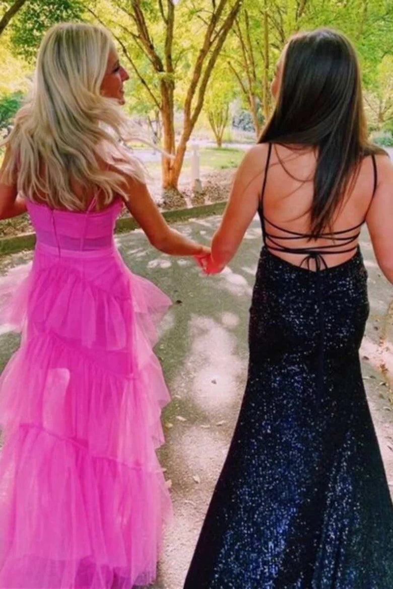 Hot Pink A Line Spaghetti Straps Tiered Tulle Long Prom Dress Evening Dress DP1166