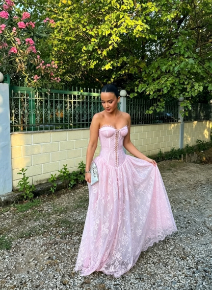 Gentle A Line Sweetheart Neck Pink Lace Long Prom Dress Party Dress DP4130
