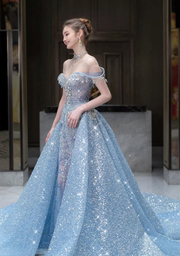 Dreamy Blue Ball Gown Off the Shoulder Exquisite Beaded Sequin Tulle Prom Dress DP4385